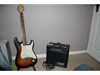 Sunburst Fender Squire Strat Electric Guitar,  Amp, Tuner